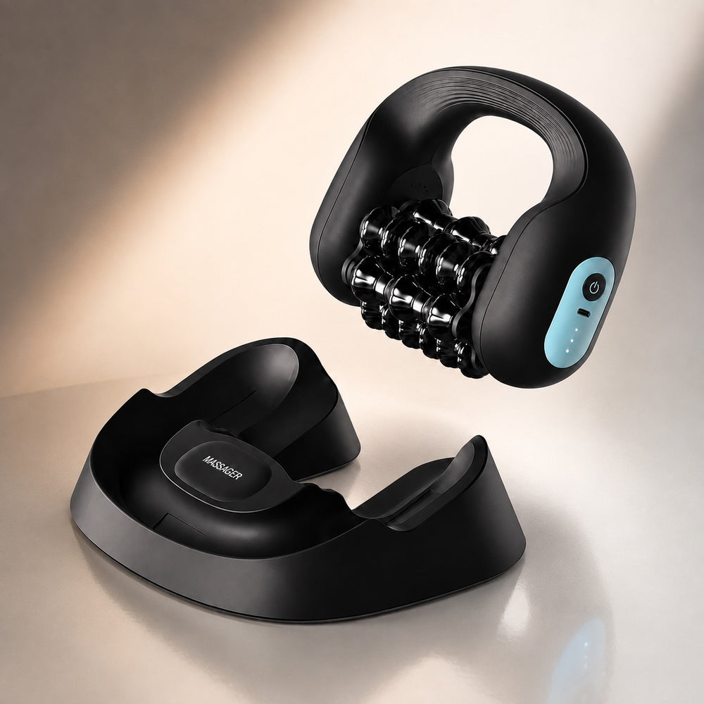 Neuro Mini massager and hands-free charging base, studio shot