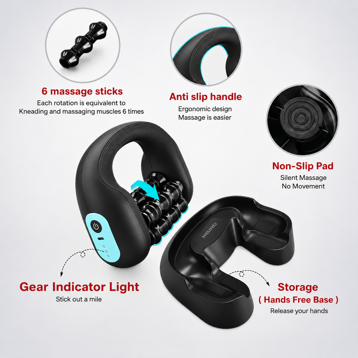 Neuro Mini feature callouts: 6 massage sticks, anti-slip handle, non-slip pad, gear indicator light, hands-free storage